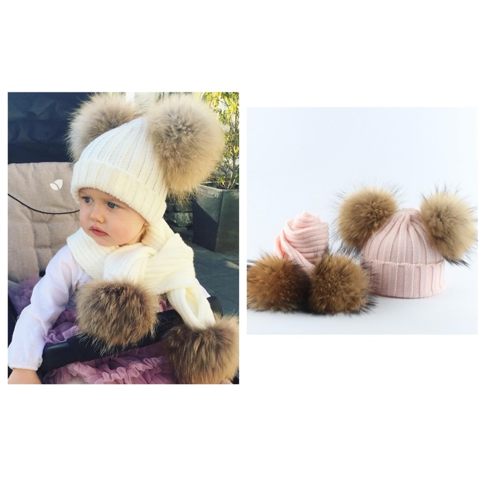 Pink Baby Hat & Scarf set with real fur decor